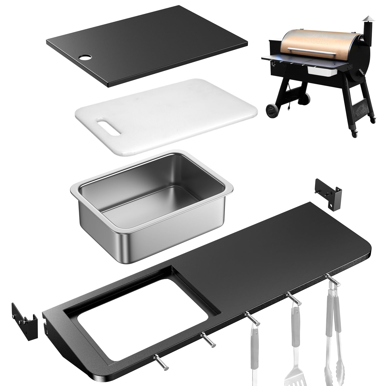 QuliMetal Folding Front Shelf for Traeger Pro 34, Texas Elite 34, Century 885 and Eastwood 34, 37" x 12" Heavy-Duty Grill Prep Table with Cutting Board, Stainless Steel Basin, Lid and 5 Hooks Image