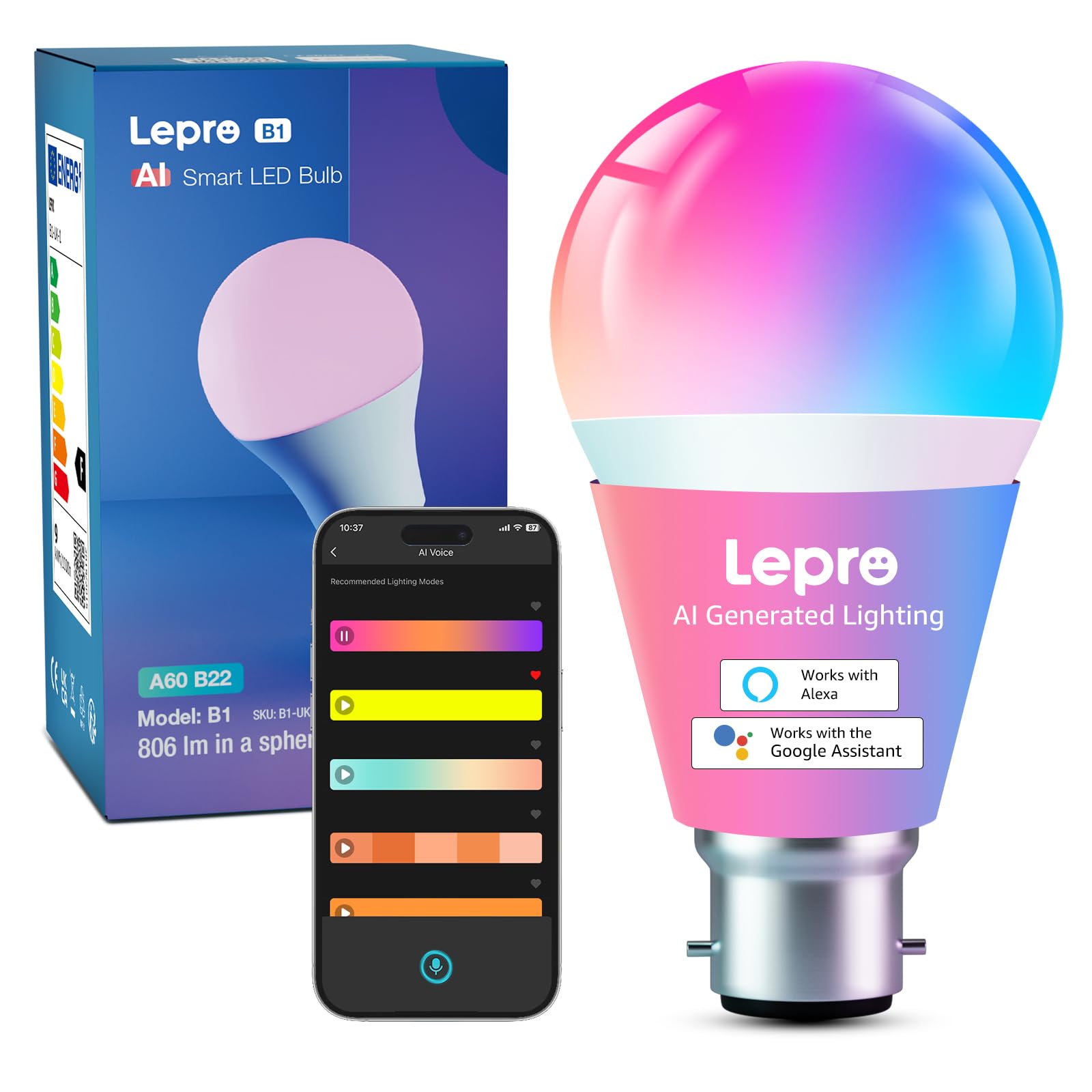 Lepro AI Smart Bulb B22, Music Sync Bayonet WiFi Bulb, Colors Changing Light Bulb Works with Alexa & Google Assistant, 806lm, App & Voice Control, Personalized AI Lighting Designer