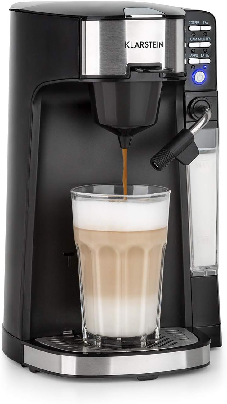 Klarstein Baristomat Heißgetränkeautomat mit integriertem Milchaufschäumer- 2-in-1 Kaffee-Maschine,1435W, 350ml Milchbehälter, zwei Brühgruppen, für Kaffee, Tee, Cappuccino &amp; Latte Macchiato, schwarz