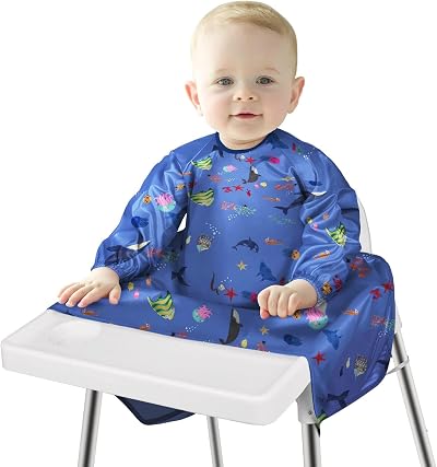 Vicloon Baby Bibs with Sleeves Coverall Waterproof Feeding Bib Ocean