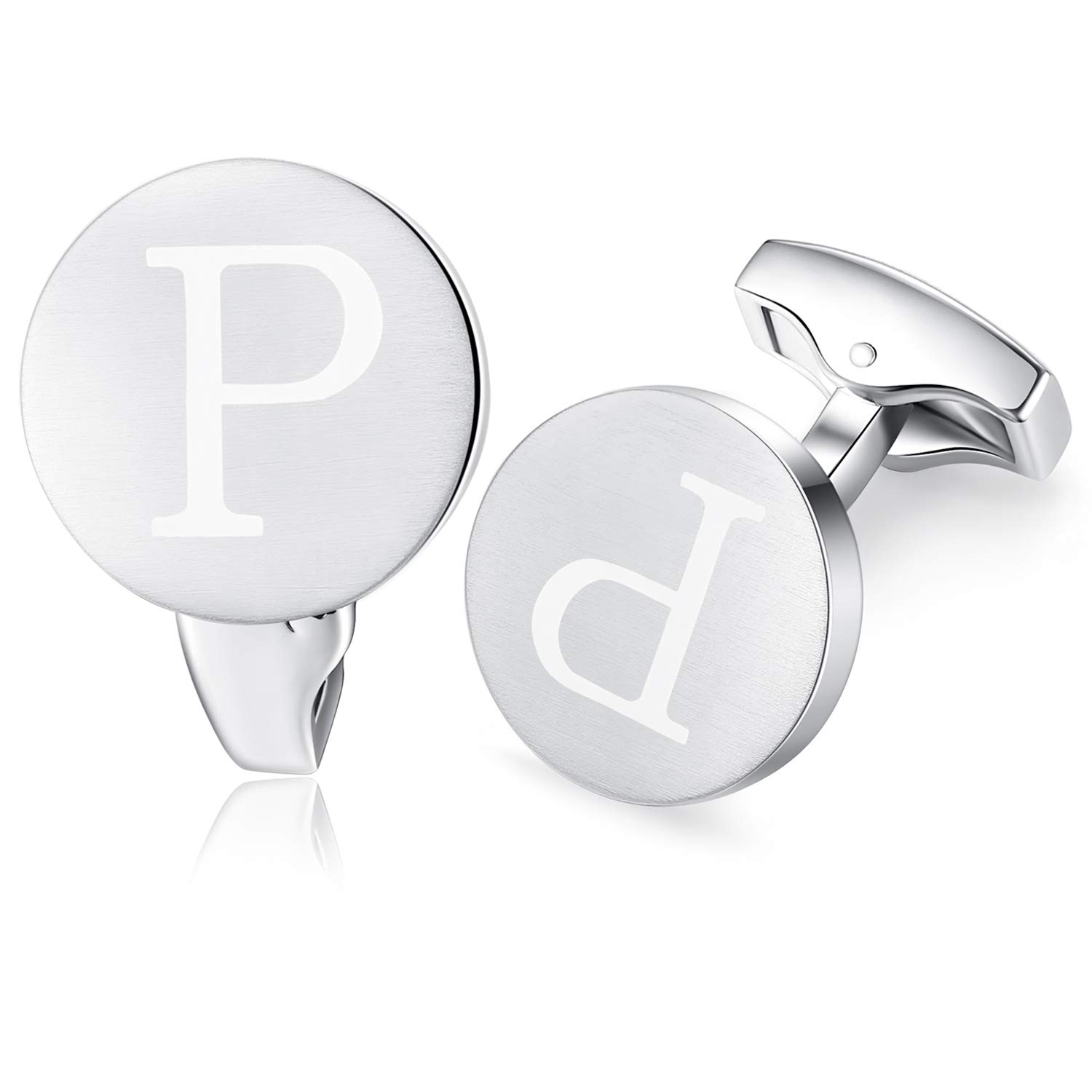 HONEY BEAR Initial Alphabet Letter Cufflinks for Men, Brushed Silver Round Shape Stainless Steel Wedding Business Cufflinks, A - Z (P)