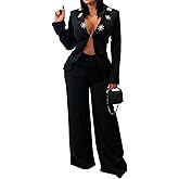 Womens Pants Suits 2 Piece Outfits Dressy Business Casual Sexy Blazer and Wide Leg Pant Set