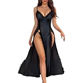 Foxiny Sexy Lingerie Dress Night Gowns with Thong 2 Pcs 3XS-5XL | Long Sheer Mesh Plus Size Curvy Pajama Set V Neck Side Split Lace Sleep Wear Halloween Christmas Valentine Day