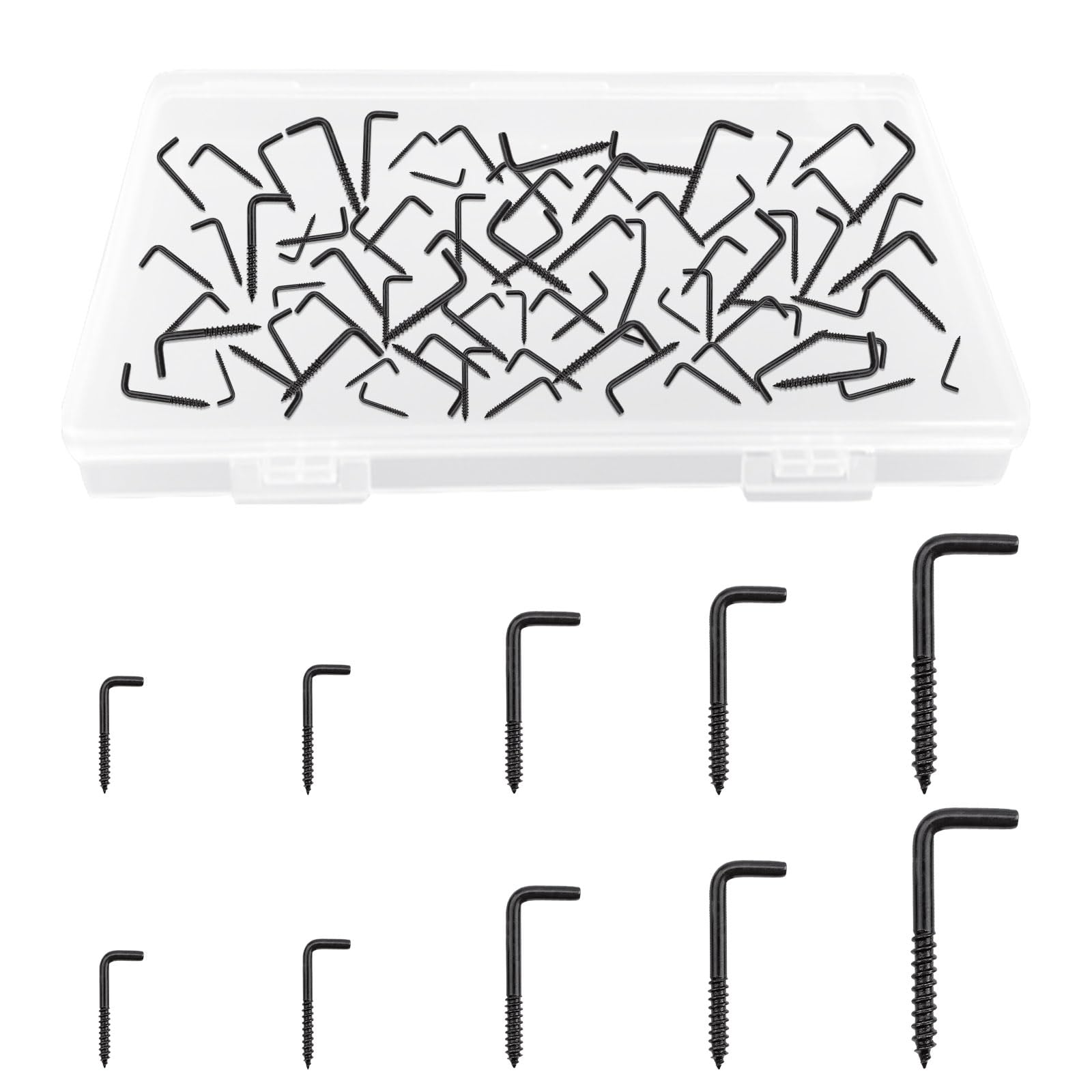 UFURMATE Screw in Hooks, 120Pcs 5 Sizes L Shaped Hooks Shouldered Dresser Cup Hooks Right Angle Hooks Self Tapping Screw Hooks for Indoor and Outdoor Hanging (Black),(UF-HA1564-G-UK)