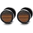 Mens Women Black Circle Stud Earrings with Stone Veins Acrylic, Steel Cheater Fake Ear Plugs Gauges