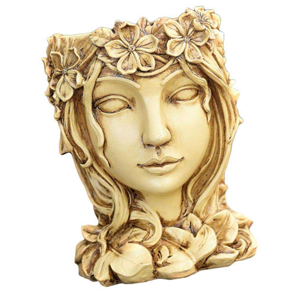 Yardwe Resin Goddess Planter Figure Succulent Beauty Face Figurine Ornament for Patio Yard Decoration(Log Color)