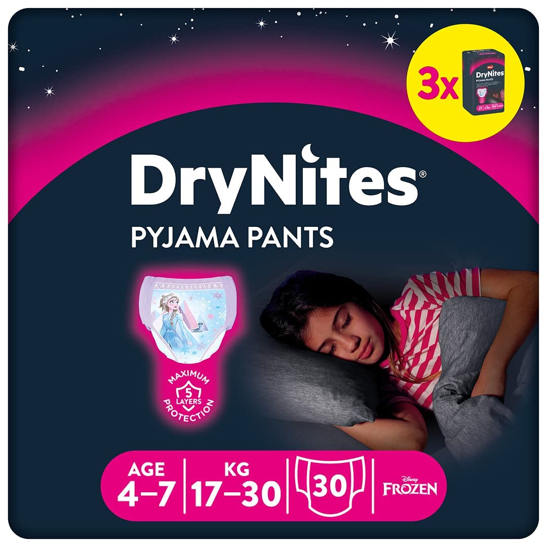 Huggies DryNites absorbent night diapers for bed-wetting, for girls 4-7 years (17-30 kg), 3 x 10 = 30 diaper pants, monthly box