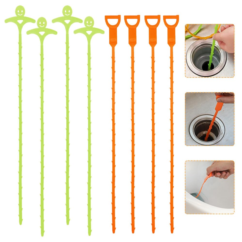 TGKYK Drain Spiral, 8 Pieces Durable Drain Cleaner Spiral, 51 cm Spiral Drain Pipe Cleaning for Sewers, Bathtub, Kitchen, Sink (Orange U-Shaped, Green Smiley Face)