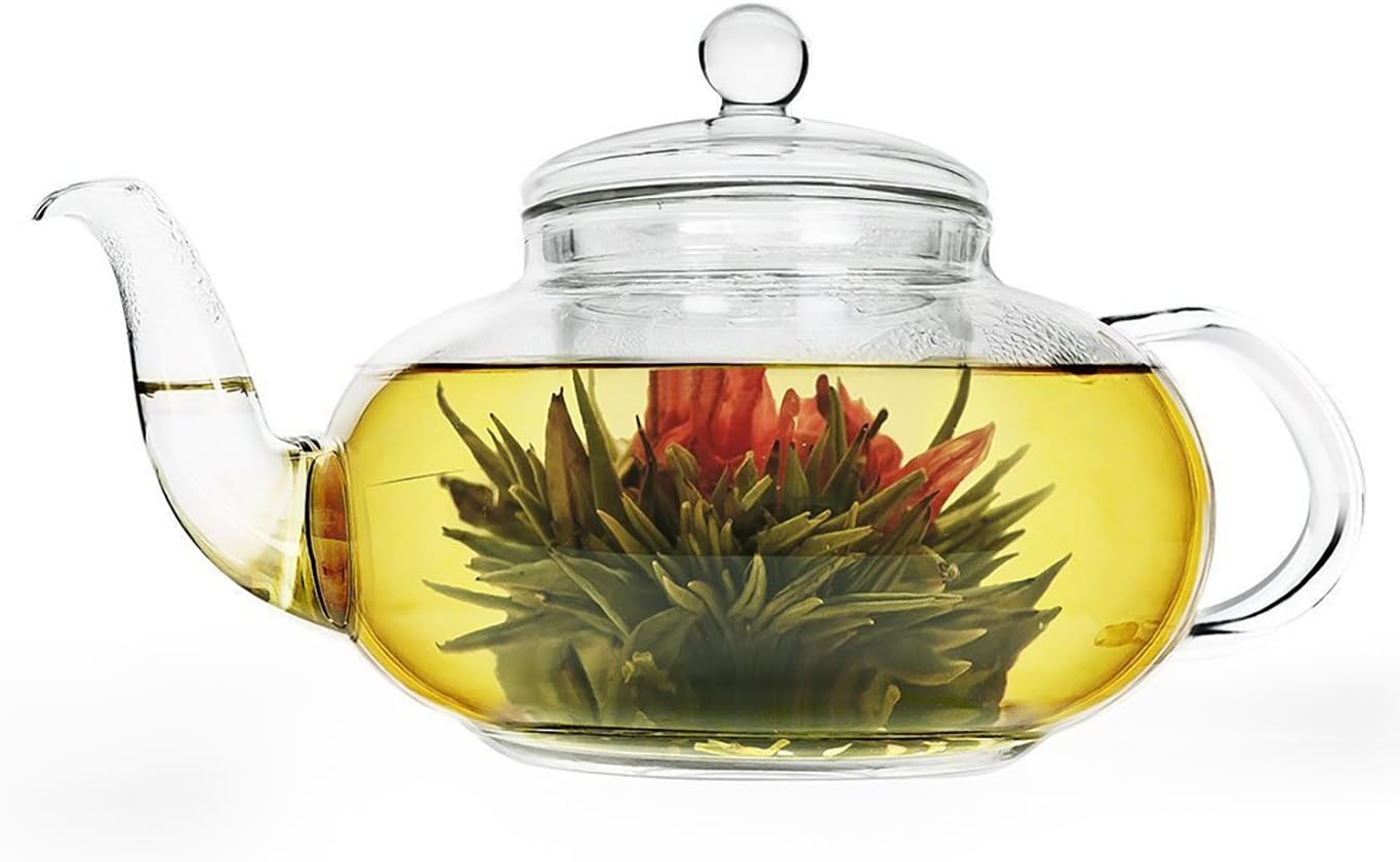 Clear Glass Teapot Set, 51 Ounce / 1500 Milliliter Stylish Borosilicate Water Kettle with Removable Strainer and Infuser Lid For Flower or Loose Tea