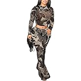 YOUFE Women's Leopard Print Two Piece Set Mesh See Through Top Bodycon Pants Cheetah Print Set Y2K Club Outfits For Women
