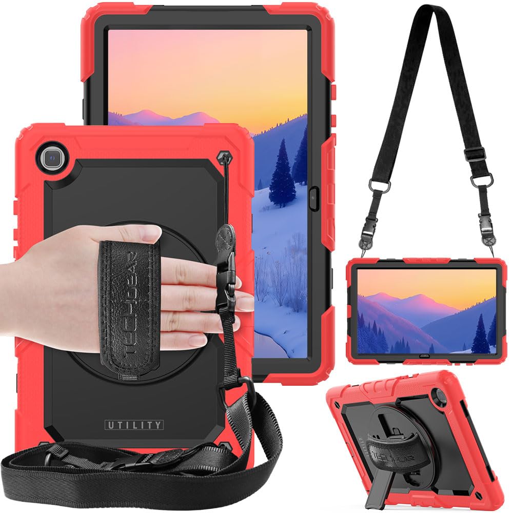 TECHGEAR UTILITY Case fits Samsung Galaxy Tab A7 10.4" (SM-T500 / T503 / T505 / T509) Tough Rugged HEAVY DUTY Armour Shockproof Impact Case with 360 Rotating Stand, Hand & Shoulder Strap - Red
