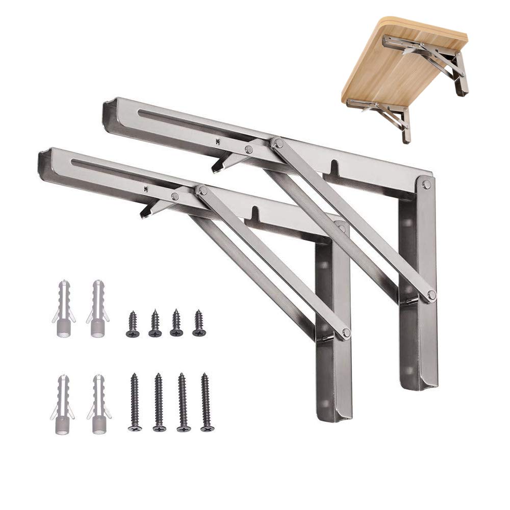 Fortspang Folding Shelf Brackets, Heavy Duty Wall Mounted Foldable Shelf Bracket Polished Stainless Steel Foldable K Type Shelf Brackets with Short Release Arm(2 Pack)