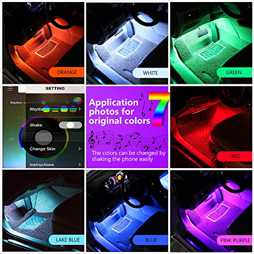 Car LED Strip Light-Carantee 4pcs 48 LED Bluetooth App Controller Car Interior Lights, Waterproof Multicolor Music Underdash Lighting Kits for iPhone Android Smart Phone, Car Charger Included, DC 12V - Thumbnail 4