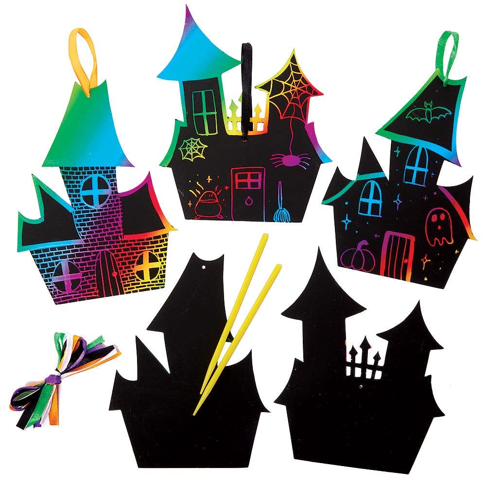 Baker Ross FX189 Haunted House Scratch Art Decorations - Pack of 10, Halloween Craft Kits for Kids, Halloween Party Decorations and Party Bag Fillers