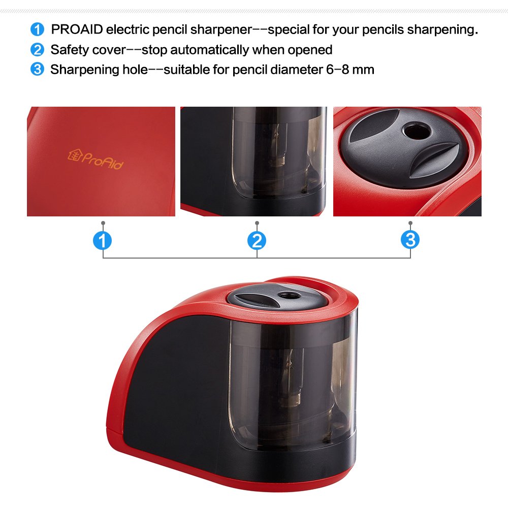 ProAid Portable Electric Pencil Sharpener - Powered by Batteries or Adapter - Perfect For Office, Kids, Artists, Red