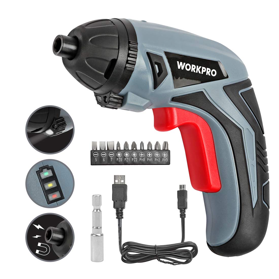 WorkPro Cordless Rechargeable Screwdriver, Powered by 3.6V Liion