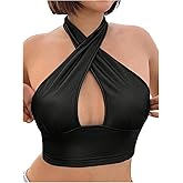 Floerns Women's Date Night Rave PU Leather Halter Crop Tops Crisscross Backless Music Festival Tank Top