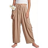 Flygo Girls Wide Leg Pants Casual Flowy Elastic Waist Palazzo Harem Trousers with Pockets 5-14Y