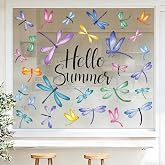 JOICEE 6 Sheets Spring Summer Window Clings Dragonfly Window Stickers | Removable Anti-Collision Hello Summer Watercolor Dragonfly Window Clings Decals for Classroom School Home Office Glass Decor