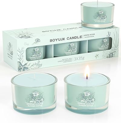 BOYUJK Serene Ocean Scented Candle Gift Set, 3 Soy Votive Candles