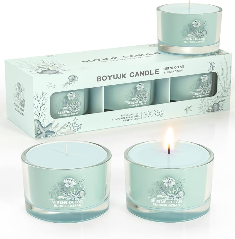 BOYUJK Serene Ocean Scented Candle Gift Set, 3 Soy Votive Candles