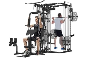 FAGUS H All in One Home Gym System Workout Station, Multi-Function Smithe Machine Power Cage with Cable Crossover System, Tripe-Sided Independent Load Posts, Functional Trainer for Full Body Training