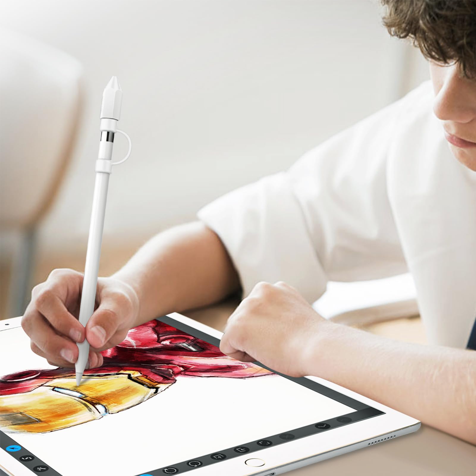 3 Pieces Silicone Bundle Compatible with Apple Pencil 1st Generation, Soft Protective Cover Accessories Pencil Cap Holder with Nib Cover, Cable Adapter Tether, White