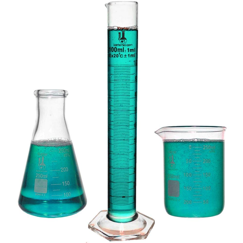 Beaker, Flask, Cylinder Set, 3.3 Boro. Glass - 9 Pieces - Beaker Set, Flask Set, and Graduated Cylinder Set, Karter Scientific 233N2: Industrial & Scientific