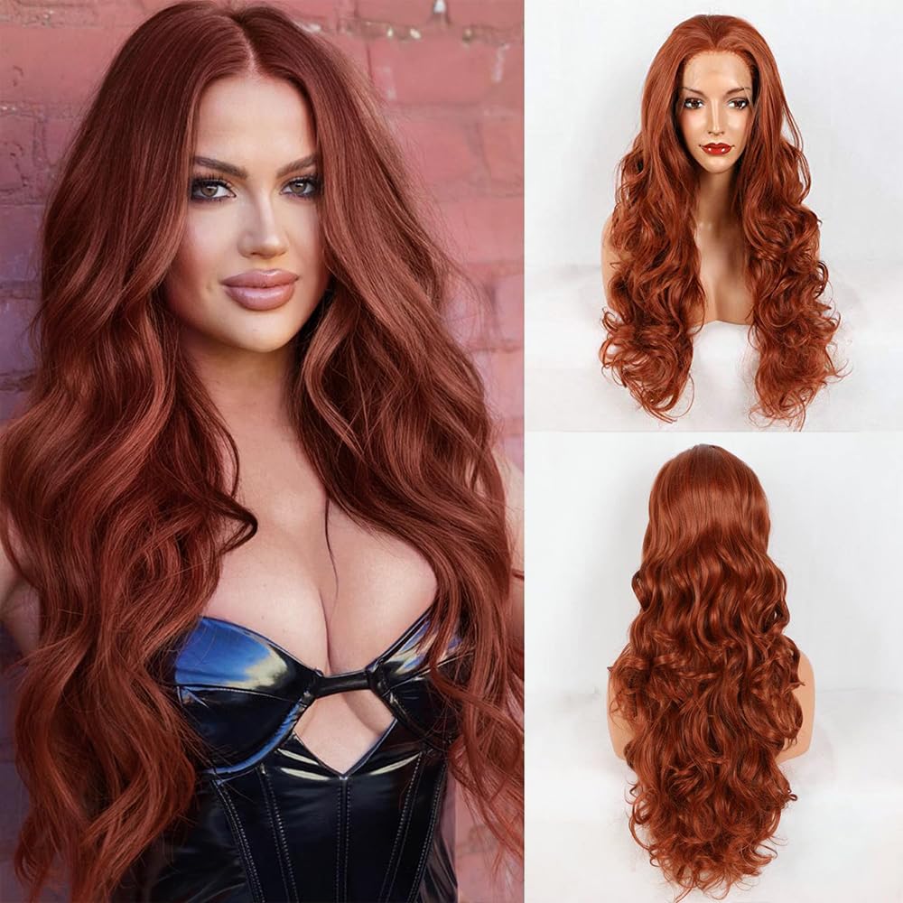Xiweiya 350# Copper Red Synthetic Lace Front Wig Long Auburn Free Part Red Wig Heat Resistant Fiber for Women Drag Queen 24 Inch — image 1