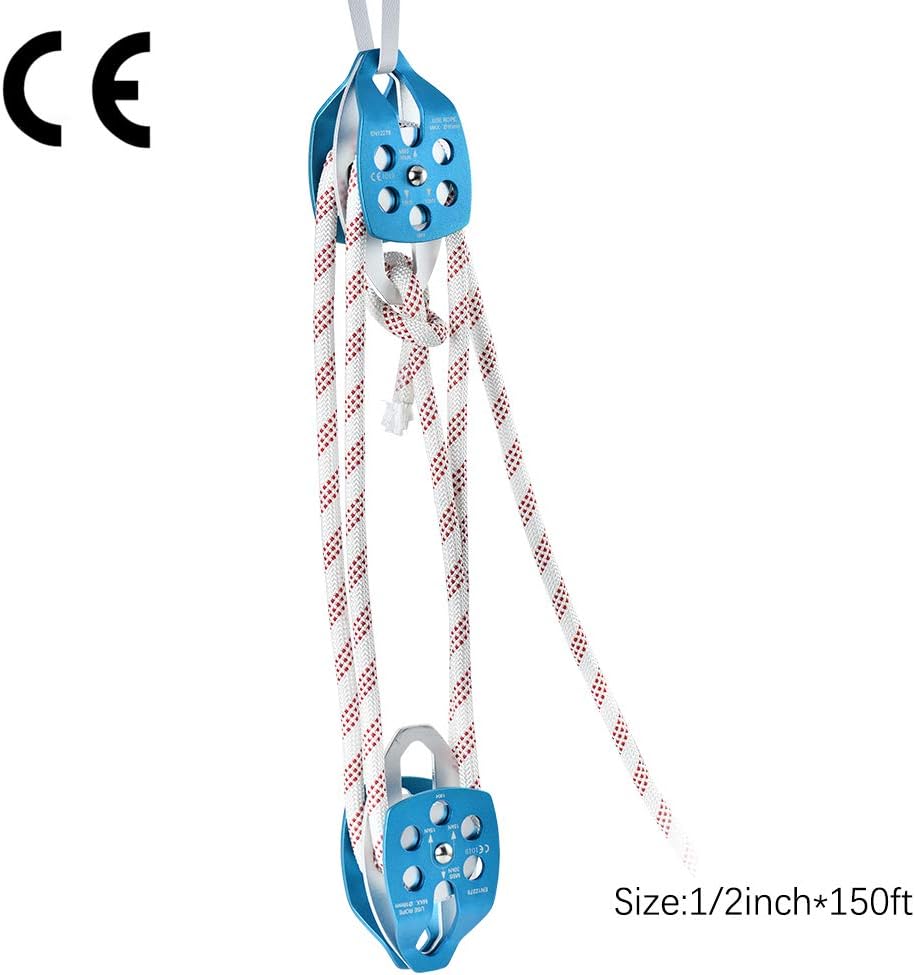 SEAAN Twin Sheave Block and Tackle 6600-7700 LBS Double Pulley Hauling Dragging Climbing Rigging System Double Braid Rope
