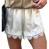 Seyumixi Women Satin Lace Shorts Silk Slip Mini Shorts Low Rise Coquette Elastic Waist Lace Trim Pettipants Lounge Bottoms