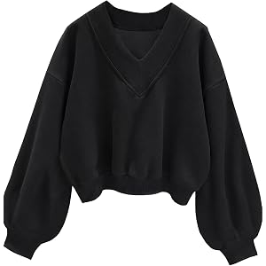 Remidoo Cropped Sweatshirt For Women V Neck Sweatshirts Fleece Pullover | Long Sleeve Crop Top, Casual, Baggy, Drop Shoulder,