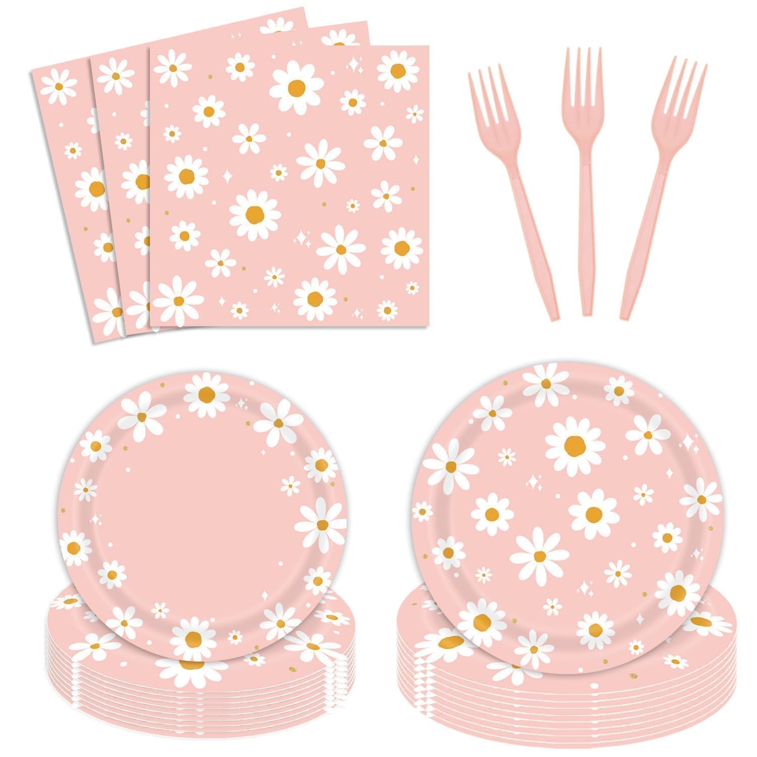 Photo 1 of 96Pcs Daisy Birthday Party Tableware Set - Include Paper Plates Napkins Forks, One Two Groovy Disposable Party Supplies Decorations for Girl Birthday Baby Shower Serve 24 Guests