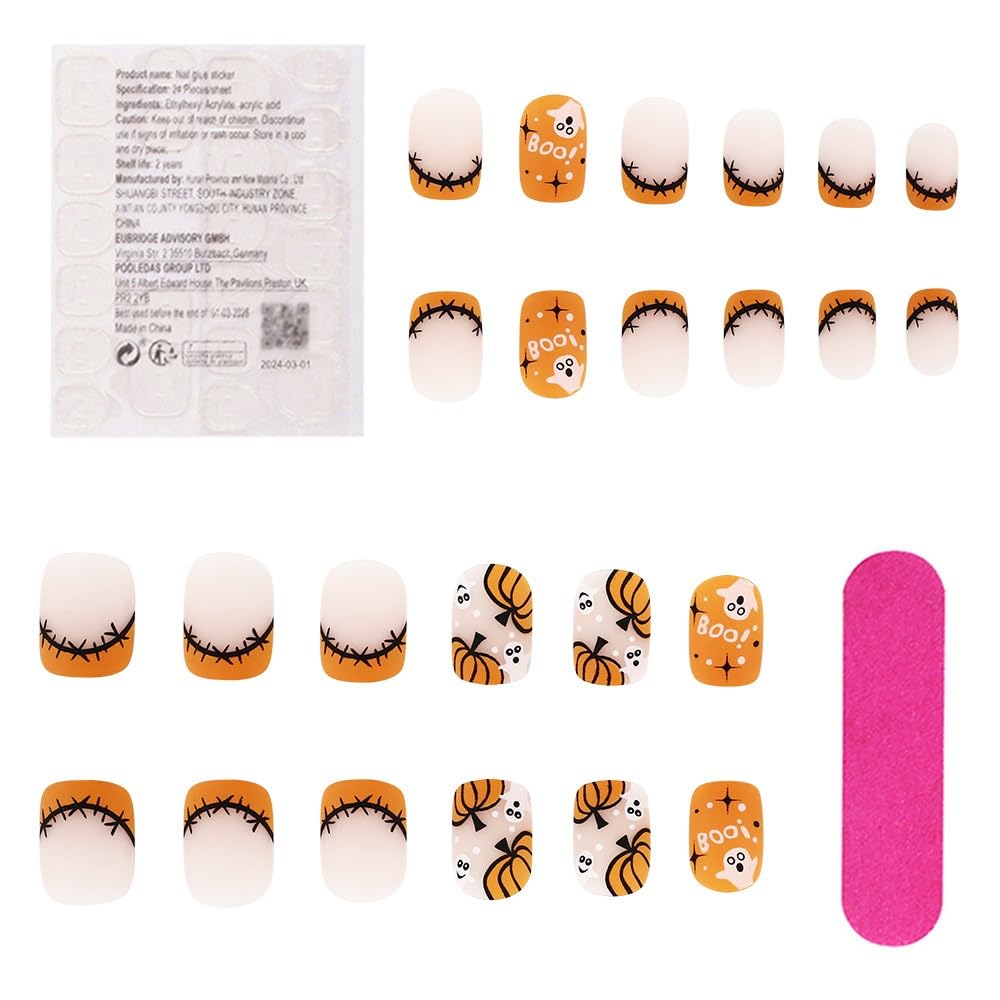 Short Square Press on Nails Halloween Pumpkin Fake Nails Orange French Tip Acrylic Nails Press on Matte False Nails with Ghost Patch Designs Glue on Nails Short Artificial Nails for Women 24PCS - Image 3