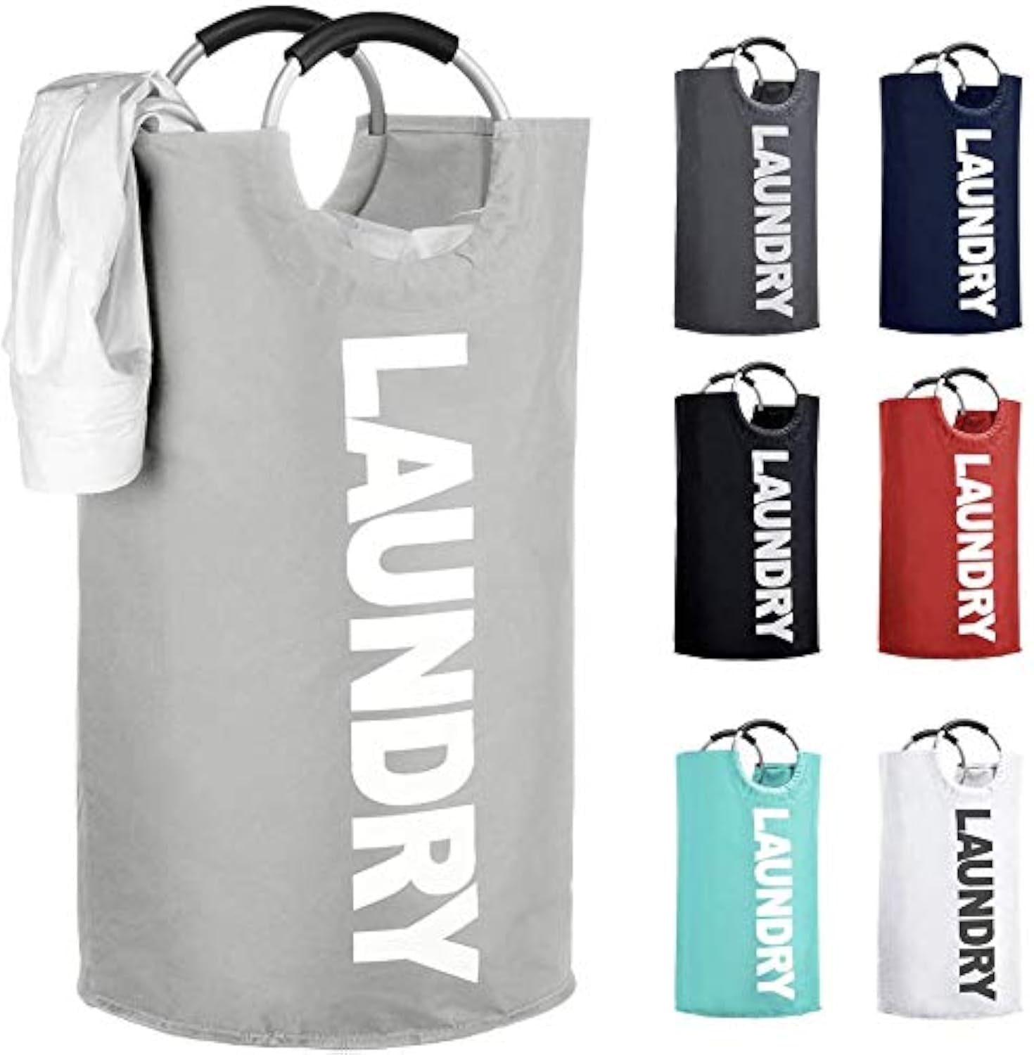 Urban London Large Collapsible Laundry Baskets 82L Foldable Clothes Bag Oxford Fabric Hamper Basket Washing Bin with Aluminium Handles (Grey)