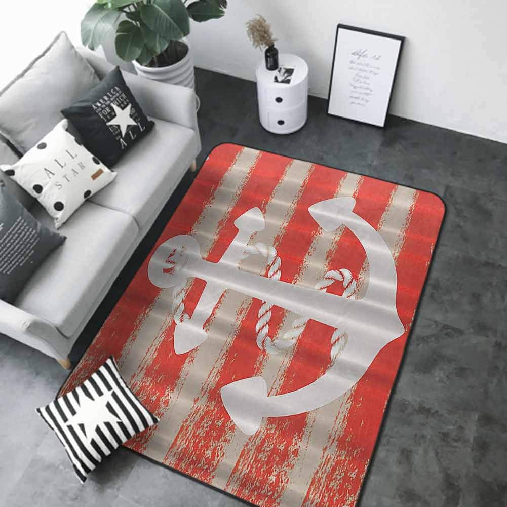 Floor Mat Kitchen Long Carpet Nautical Maritime,Vintage Seascape Boat Anchor with Rope Stripes Art Print,White and Orange 80 x 58 in Throw Rugs