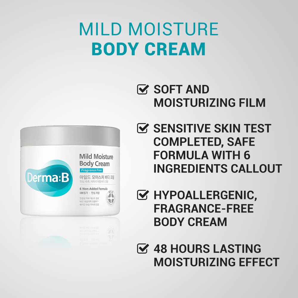 Derma B Mild Moisture Body Cream, Fragrance-Free Non-Irritating Body Moistuzer for Dry & Sensitive Skin with Camellia Oil, Unscented Fast-Absorbing Moisturizing Korean Skincare,14.54 Fl Oz,430ml