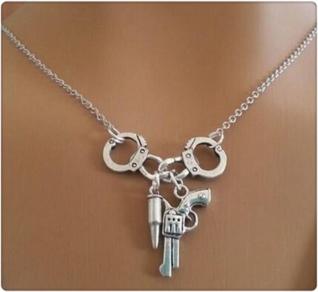 Dangle Handcuff Gun Bullet Necklace Pendants Vintage Silver Charms Collar Choker Necklace For Women Jewelry Gifts