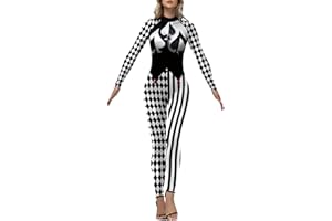 Bemeiren Jester Costume for Womens Creepy Clown Bodysuit Scary Joker Long Sleeve Outfit Costume Halloween Cosplay