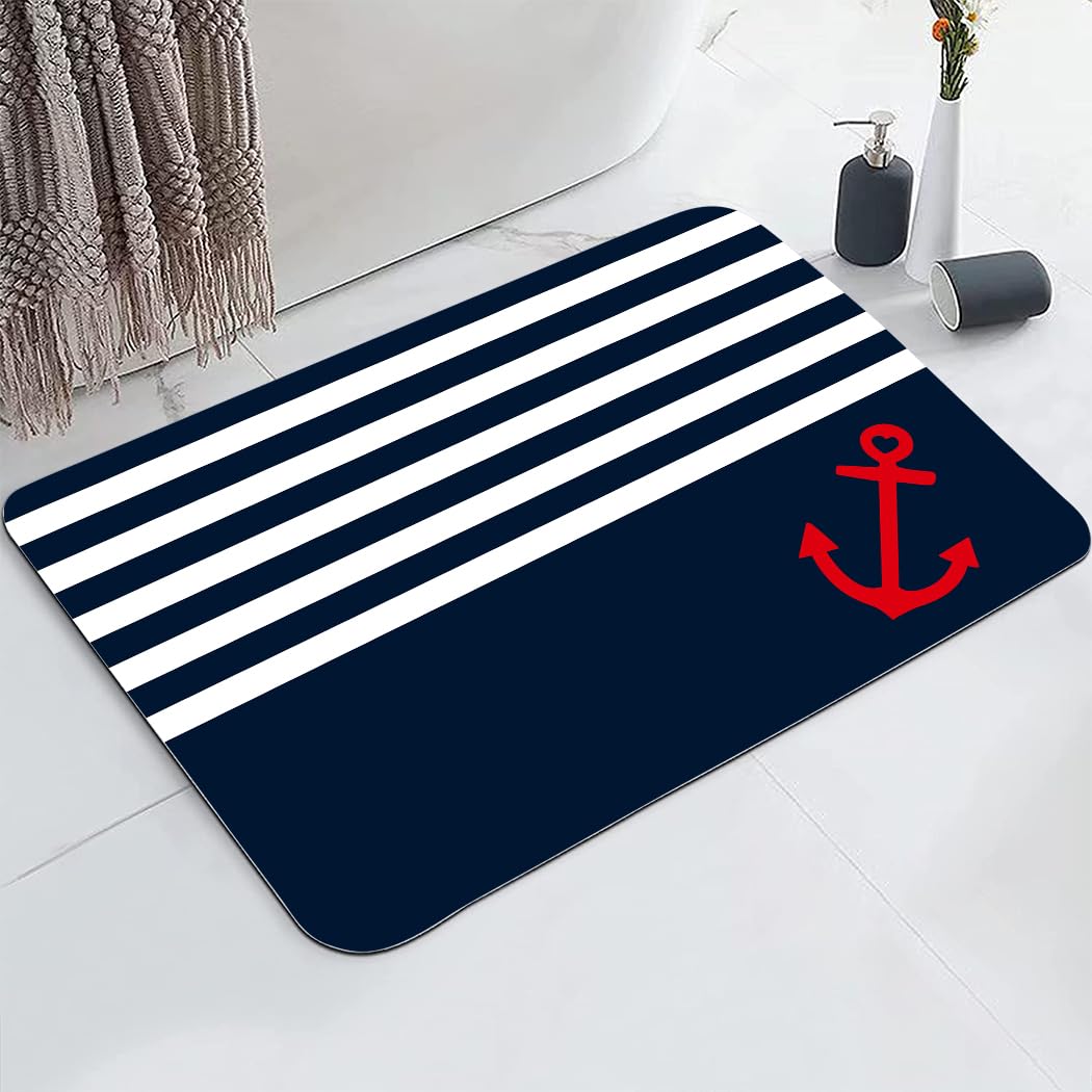 YISUMEI Nautical Stripe Anchor Bathroom Mat, Non-Slip Super Absorption Bath Carpet with Rubber Backing, Fit Under Bathroom Doormat Floor Rugs for Shower Buthtub Sink, 17"x24"