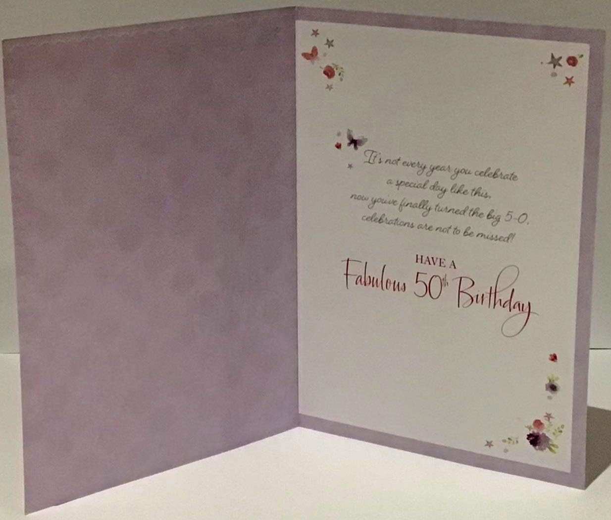 Lovely Artistic Female 50th Birthday Card from The Blossom Range - 50 Today, Watercolour Flowers and Butterflies - Embossed and Gold Foil Finish - Greeting Card for Her (WW-T064) - Image 3