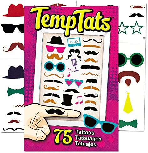 Hipster Temporary Tattoos Party Favors and Costume Set (75 Finger Tattoos -- Mustaches, Sunglasses and More!)