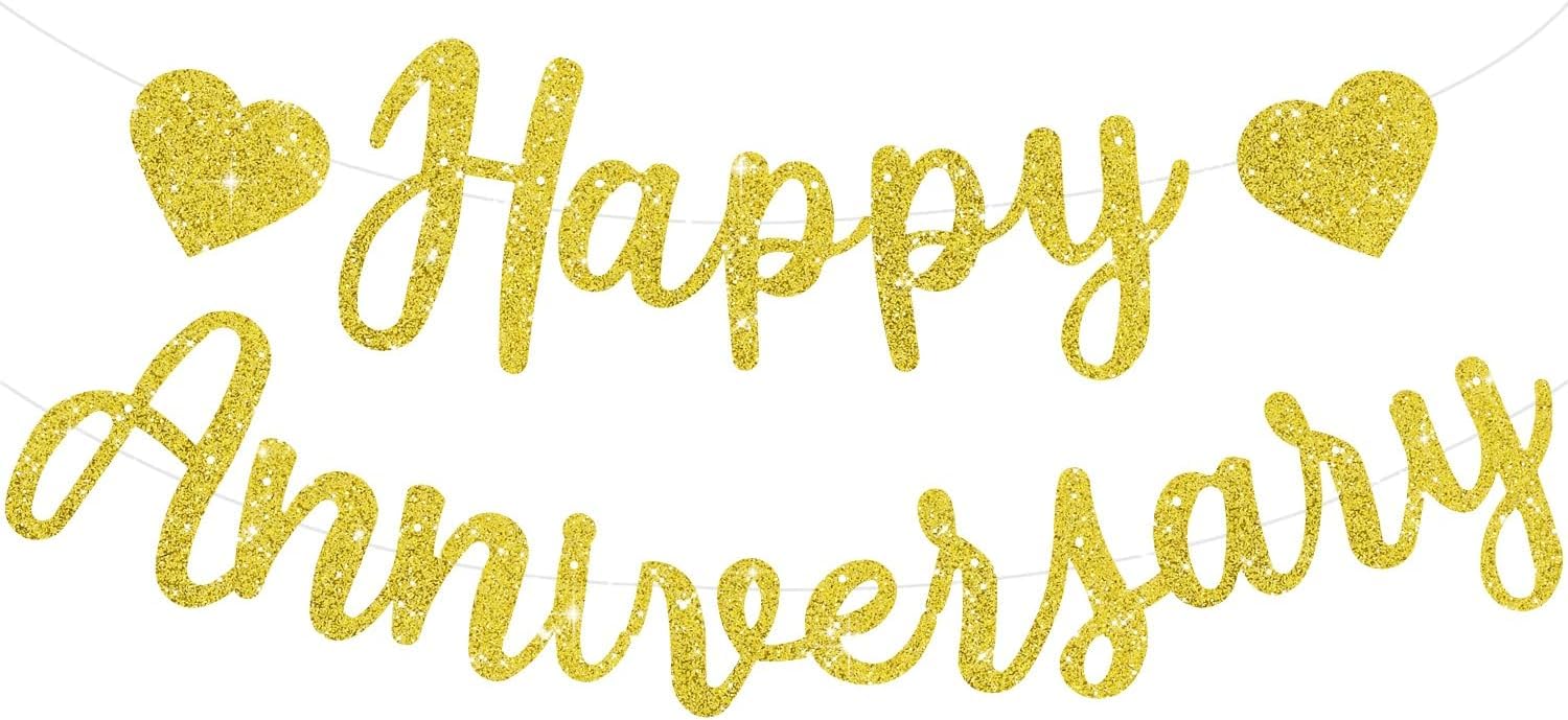 TONIFUL Gold Happy Anniversary Banner - Pre-Strung, No DIY Glitter Garland Sign for Anniversary Wedding