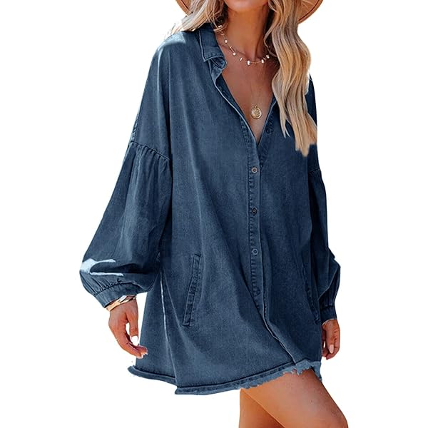 Women's Vintage Denim Mini Dress - Flowy A-Line Puff Sleeve Zip Up Chambray Dress