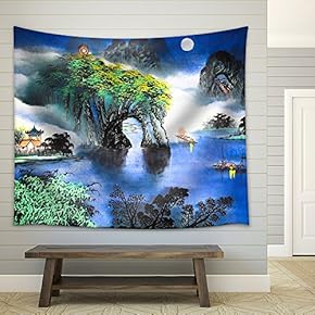 Chinese Landscape Watercolor Painting - Fabric Wall Tapestry Home Decor - 51x60 inches