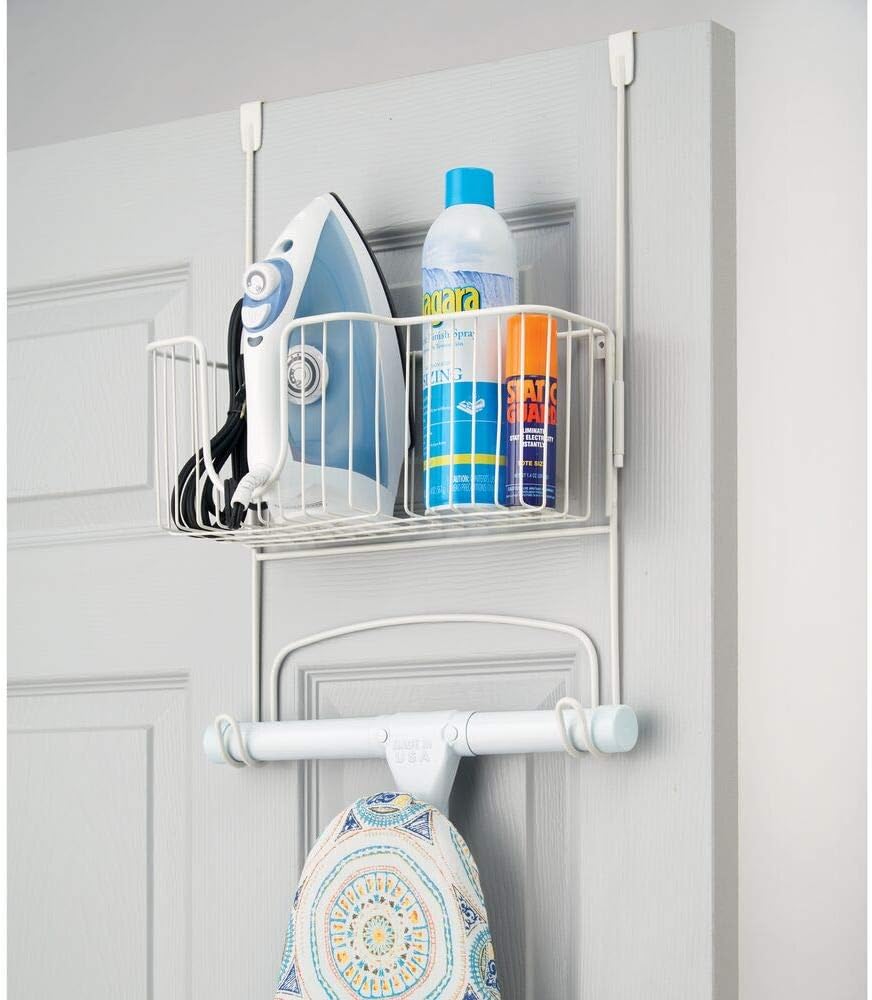 mDesign Metal Over Door Ironing Board Holder with Large Storage Basket - Holds Iron, Board, Spray Bottles, Starch, Fabric Refresher - for Laundry, Utility Room, Garage - White: Home & Kitchen