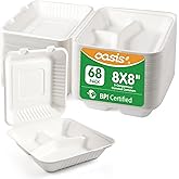 OasisSN 𝟴𝘅𝟴", 𝟲𝟴-𝗣𝗮𝗰𝗸 3-Compartment Clamshell Takeout Containers, 100% Compostable Heavy-Duty Disposable Paper Lunch Boxes(White)