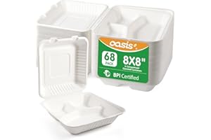 OasisSN [8×8", 68-PACK] 3-Compartment Clamshell Takeout Containers, 100% Compostable Heavy-Duty Disposable Paper Lunch Boxes(