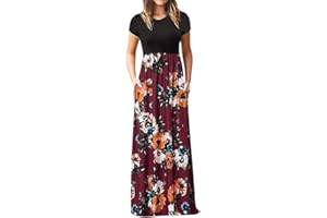 HIUARA 2023 Women Short Sleeves Dresses with Pockets Long Sun Dresses Summer Boho Casual Crewneck Beach Maxi Long Dress