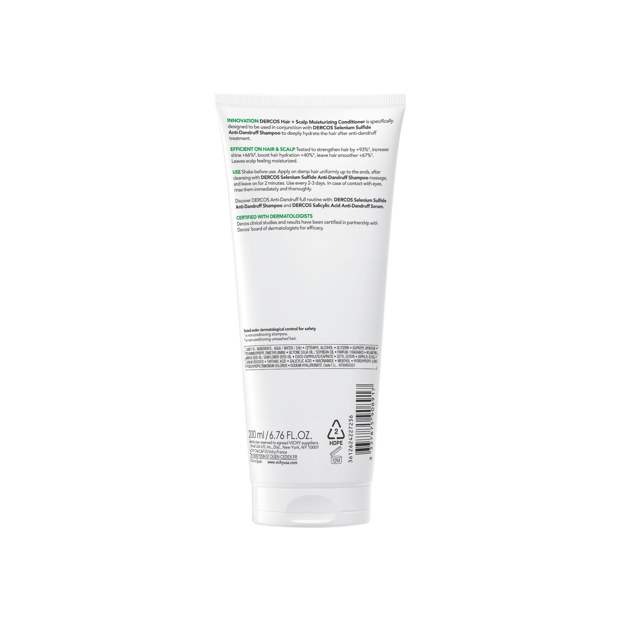 Dercos Hair & Scalp Moisturizing Conditioner, Formulated With Glycerin, Niacinamide + Hyaluronic Acid, Hair Conditioner & Scalp Moisturizer, Strengthens, Post Dandruff Treatment, 6.7 Fl Oz